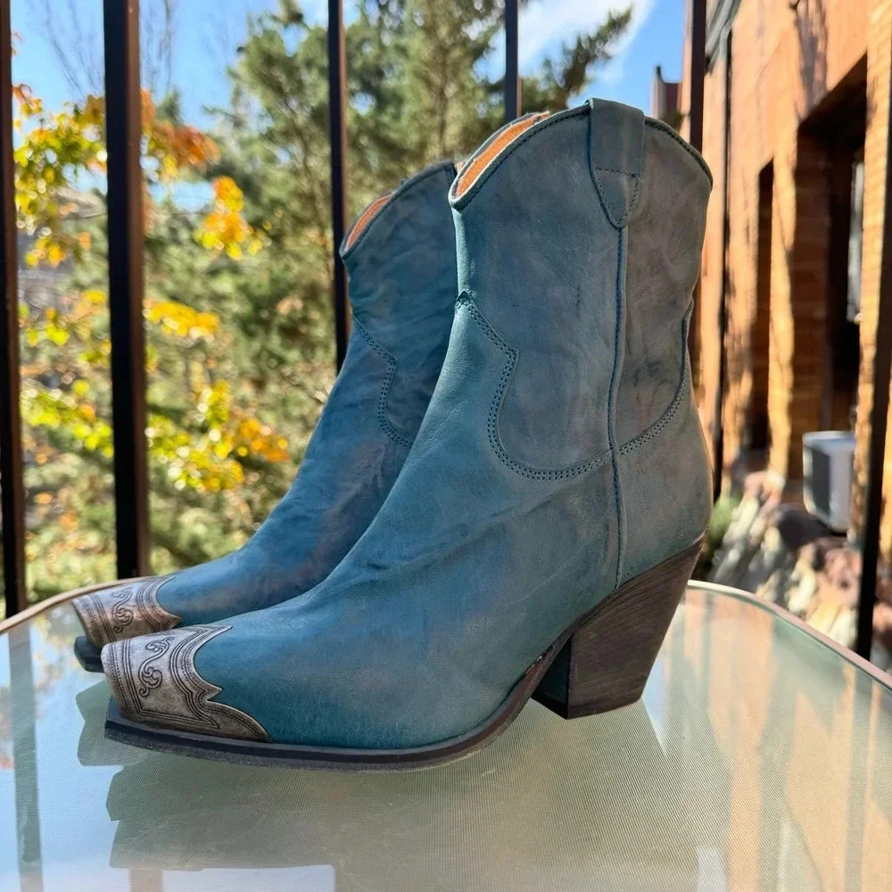 New Free People Brayden Western Leather Ankle Boots Blue 6.5 - Picture 11 of 12